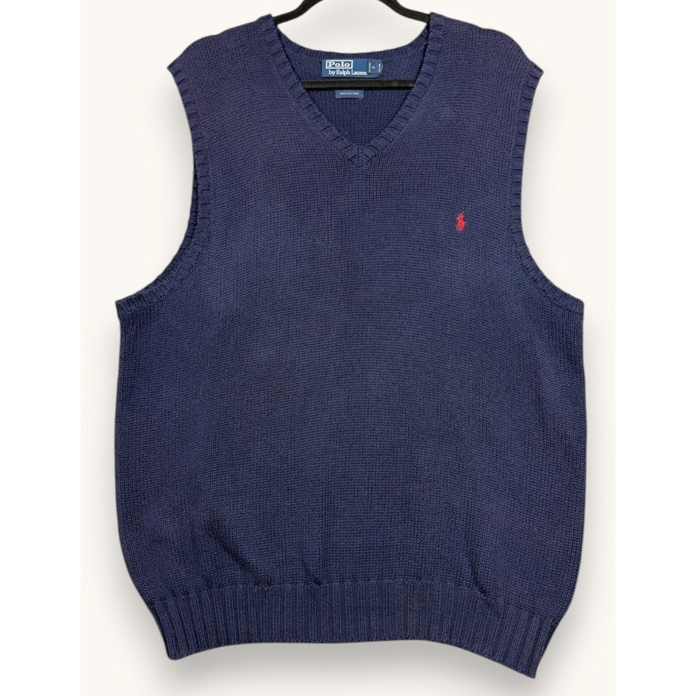 Vintage Polo Ralph Lauren Sweater Vest Mens L Navy Blue Cotton Knit Pony Logo